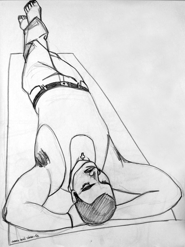 Charcoal pencil black-and-white art drawing of the artist lying down and relaxing with his hands behind his head, drawn from an overhead angle (with his feet away from the viewer) to emphasize perspective.