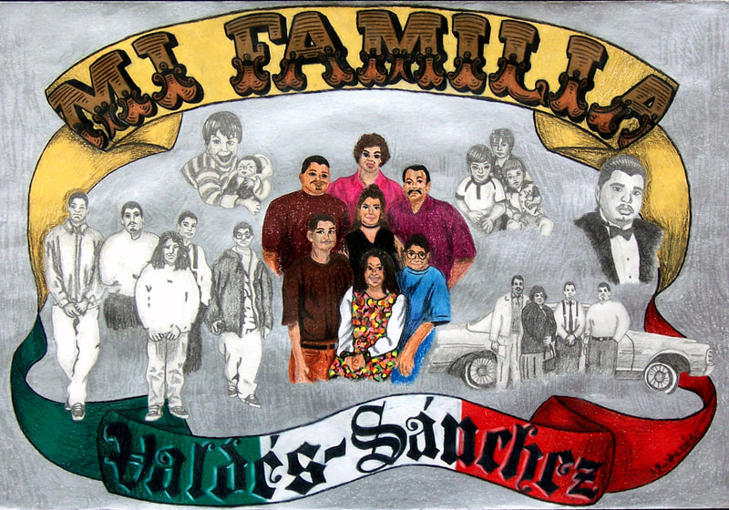 Color pencil and graphite pencil art drawing showing a collage of Chicano artist Roberto Valdes Sanchez' family photos, framed by colorful ribbons containing the title of the artwork and the artist's family name.