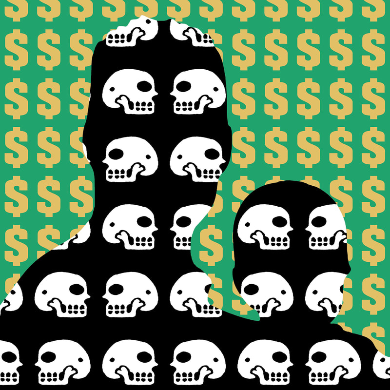 Computer art design of a man and child - in a black silhouette full of white skulls - with a light green background full of golden dollar signs.
