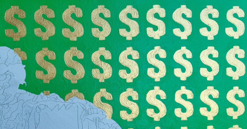 Canvas painting of several gold dollar signs floating on a green background.