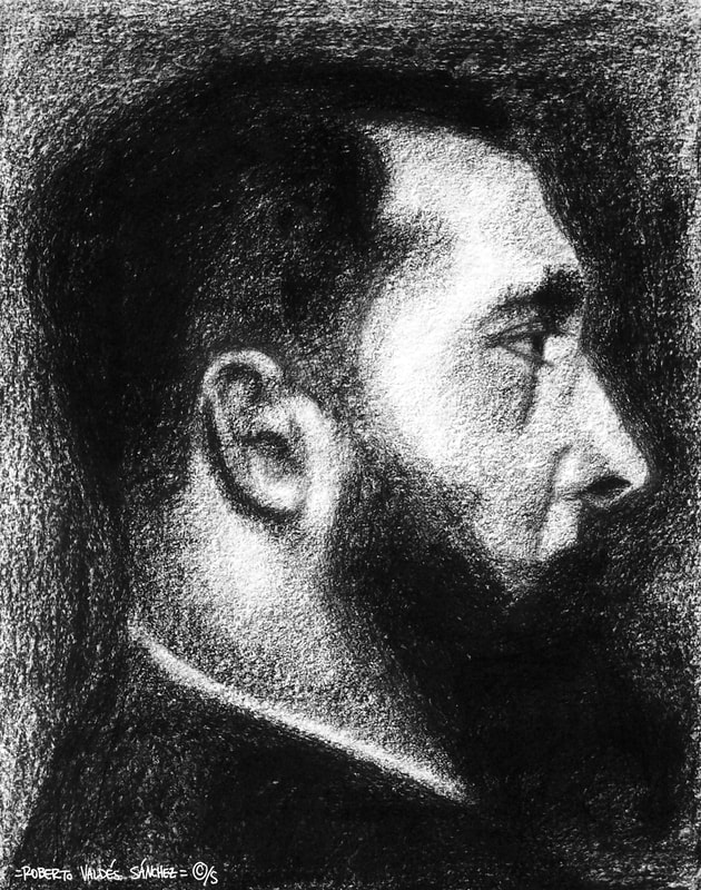 Side-profile charcoal art drawing of a bearded man facing to the right, drawn in black and white to emphasize the light and shadows of the portrait.