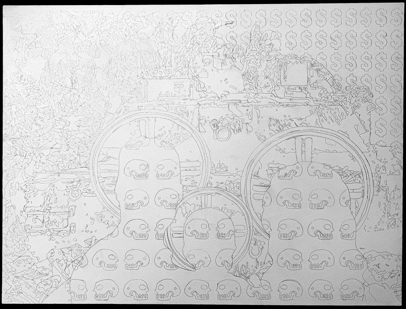 Photo of "La Conquista" design outline traced on a canvas.