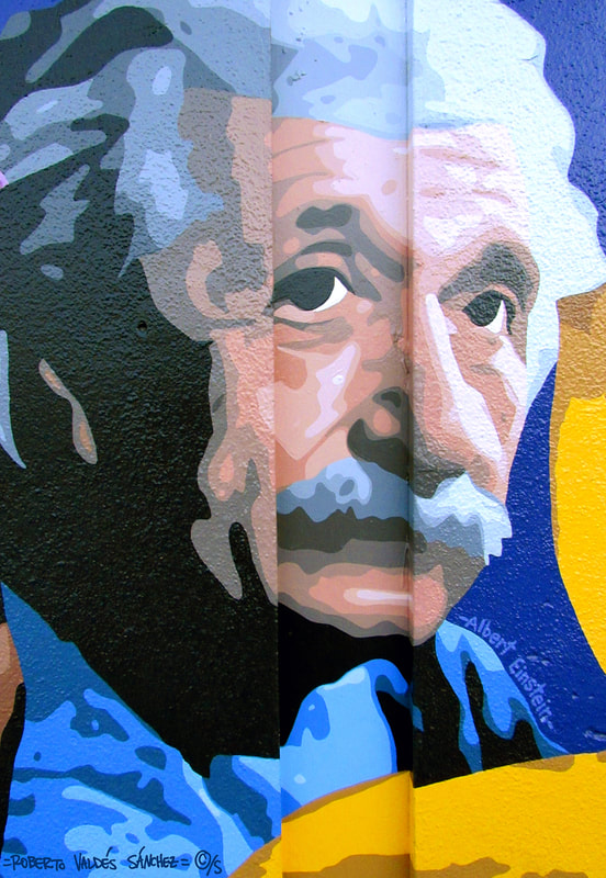 Mural art painting of genius scientist Albert Einstein, facing to the right and looking at the viewer.
