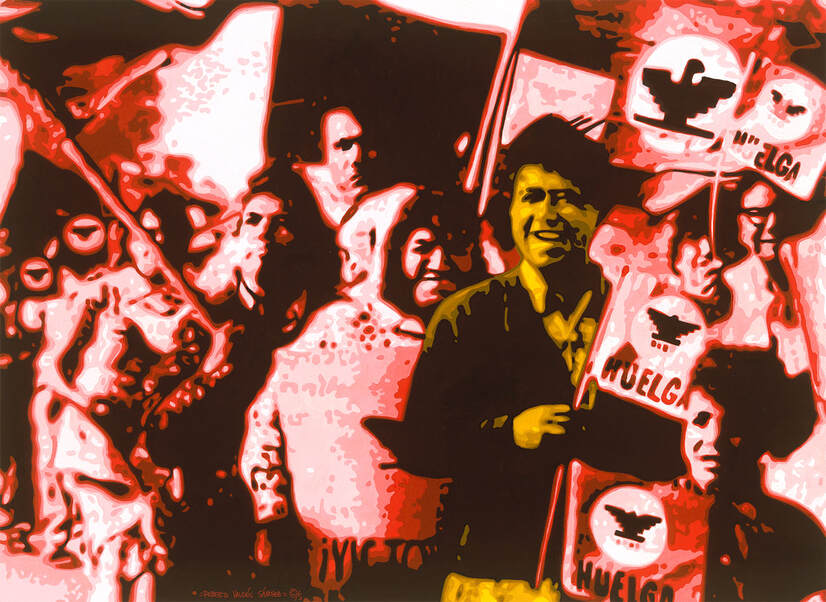 Gouache art painting of Chicano labor leader and civil rights activist Cesar Chavez, with a group of marchers, painted in various shades of red and gold.