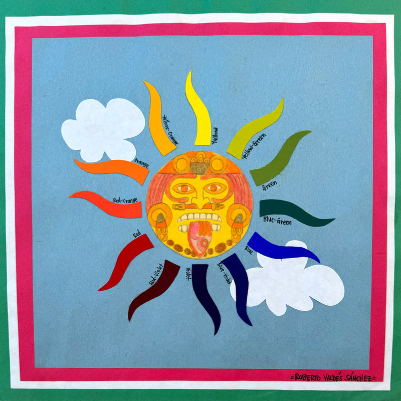 A mixed media color chart depicting the Mexica (Aztec) sun god - Tonatiuh - in the sky and amongst the clouds, emitting rays of different colors of the rainbow.