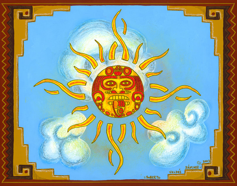 Color pencil and acrylic art painting depicting the Mexica (Aztec) sun god – Tonatiuh – in the sky and amongst the clouds.