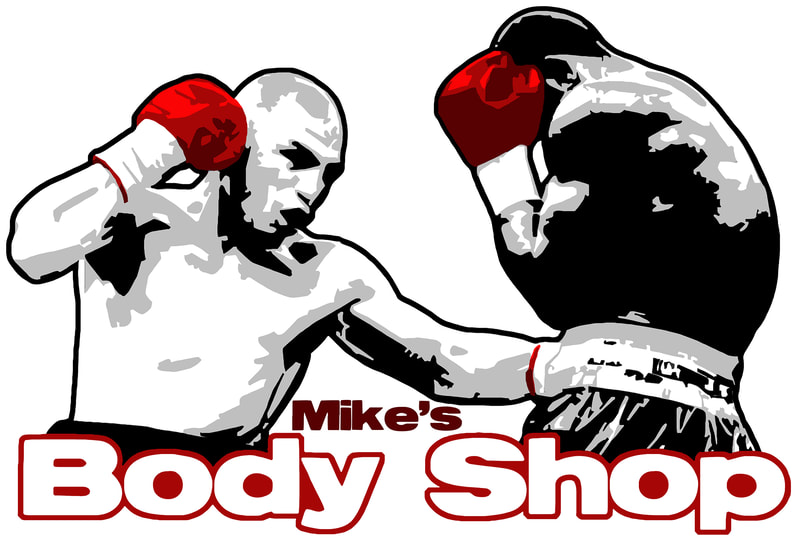 Computer art logo design and mural painting for ‘Mike’s Body Shop’ – a boxing gym in Yuba City, California – featuring two boxers in black-and-white fighting each other with “Mike’s Body Shop” in red and white letters underneath them.