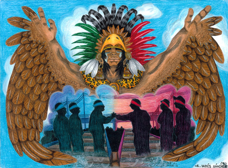 Color pencil art drawing of a supernatural winged Mexica (Aztec) spirit, joyfully embracing his peaceful vision of Sureño and Norteño Chicano street gang members shaking hands.