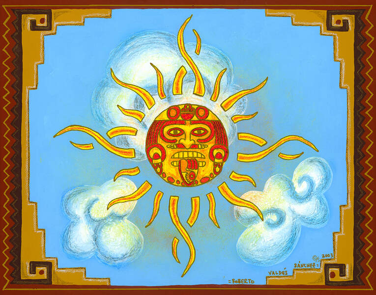 Color pencil and acrylic art painting depicting the Mexica (Aztec) sun god – Tonatiuh – in the sky and amongst the clouds.