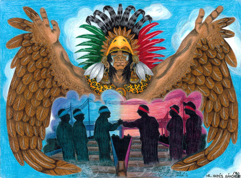 Color pencil art drawing of a supernatural winged Mexica (Aztec) spirit, joyfully embracing his peaceful vision of Sureño and Norteño Chicano street gang members shaking hands.
