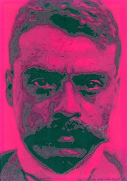 Gouache art portrait painting of Mexican revolutionary leader Emiliano Zapata, painted in vibrant reds and dark shades of green.