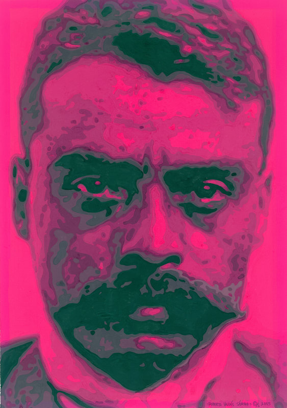 Gouache art portrait painting of Mexican revolutionary leader Emiliano Zapata, painted in vibrant reds and dark shades of green.